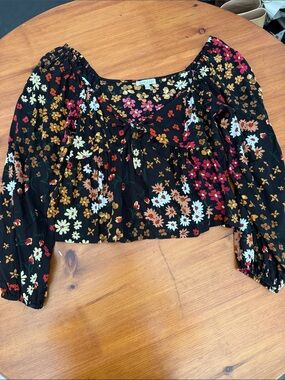 Patrons of Peace Black Floral Tie-Front Crop Top